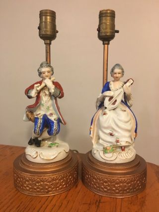 Vtg Pair Lamps Porcelain Victorian Courting Couple On Gold - Tone Ornate Base