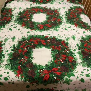 Vintage Christmas Fabric Tablecloth Wreaths Pine Cones Holly Bows Stains 58 X 52