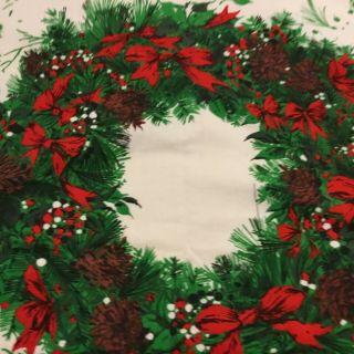 Vintage Christmas Fabric Tablecloth Wreaths Pine Cones Holly Bows Stains 58 x 52 2