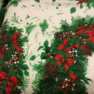 Vintage Christmas Fabric Tablecloth Wreaths Pine Cones Holly Bows Stains 58 x 52 3