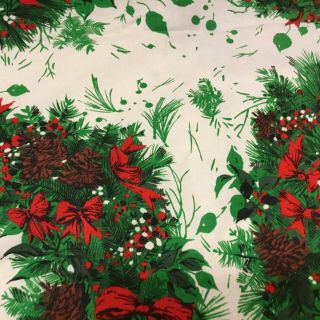 Vintage Christmas Fabric Tablecloth Wreaths Pine Cones Holly Bows Stains 58 x 52 4