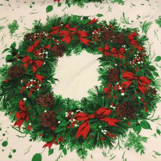 Vintage Christmas Fabric Tablecloth Wreaths Pine Cones Holly Bows Stains 58 x 52 5