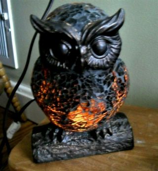 Vintage Owl Night Light Lamp Mosaic Stained Amber Colored Glass Pretty