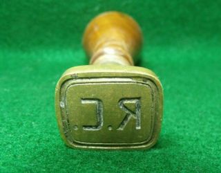 Antique 19th Century Brass & Wood " Rc " Sealing Wax Stamp Seal