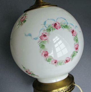 Vintage Ball Shaped White Glass Table Lamp Wreaths Of Hp Pink Roses,  Blue Bows