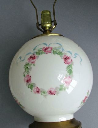 Vintage Ball Shaped WHITE GLASS Table Lamp Wreaths of HP PINK ROSES,  Blue BOWS 2