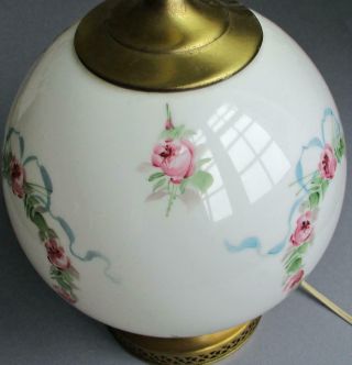 Vintage Ball Shaped WHITE GLASS Table Lamp Wreaths of HP PINK ROSES,  Blue BOWS 3