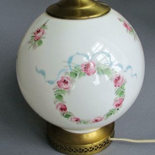Vintage Ball Shaped WHITE GLASS Table Lamp Wreaths of HP PINK ROSES,  Blue BOWS 4