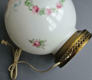Vintage Ball Shaped WHITE GLASS Table Lamp Wreaths of HP PINK ROSES,  Blue BOWS 7