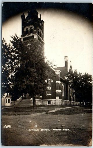 Auburn Nebraska Rppc Real Photo Postcard Catholic Church Street View 1908 Cancel