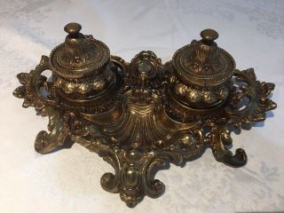 Antique Victorian Brass Double Inkwell W Inserts Footed Ornate Stamped Mb