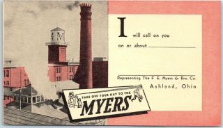 Vintage Ashland,  Ohio Advertising Postcard F.  E.  Myers Co.  Water Pumps Factory