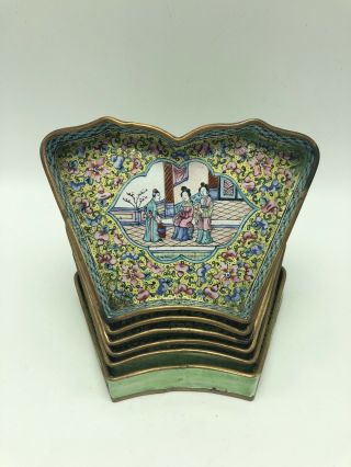 A Set Of 6 Chinese Cloisonne Copper Enameled Dishes