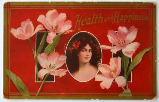 Old Postcard Greetings Health And Happiness Antique Art Nouveau Woman Flower