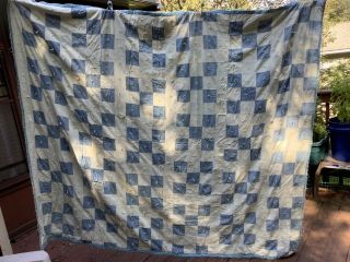 Vintage Blue & White 9 Patch Quilt Hand Tied 80” X 64”
