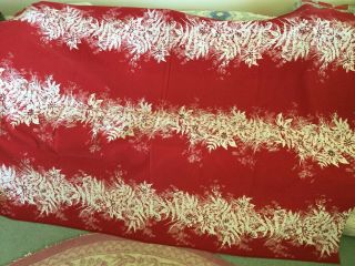 Vintage Printed Christmas Tablecloth Cotton Red With White Poinsettias 66 " X51 "