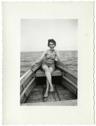 Boat Beauty.  1940s Vintage Photo Of A Woman In A One - Piece Swimsuit