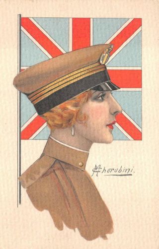 England Flag Military Woman Glamour Artist Signed Cherubini Postcard (c.  1915))