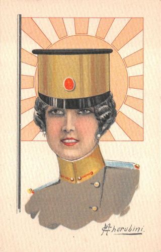 Japan Flag Military Woman Glamour Artist Signed Cherubini Postcard (c.  1915))