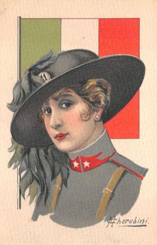 Italy Flag Military Woman Glamour Artist Signed Cherubini Postcard (c.  1915)