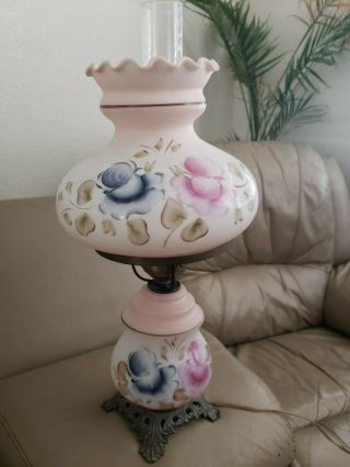 Vintage Tall Gone With The Wind Fancy Milk - Glass Floral Hurricane Lamp Pink