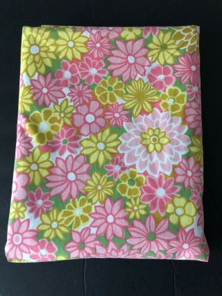 Vintage Pink Yellow Green Floral Full Flat Sheet 76x96 No Tag No Flaws Gorgeous