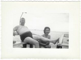 Fat Man In A Bathing Suit.  1940s Vintage Photo Mature Man And Younger Woman