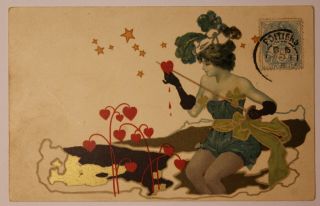 1901 Old Postcard Woman With Broken Heart Art Nouveau Elegant Lady