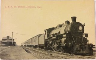 Vintage Old Photo Postcard C & Nw Station Railroad Steam Train Jefferson Iowa