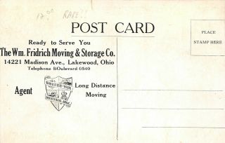 F61/ Lakewood Ohio Postcard c1920s Fridrich Moving Storing Advertising 2