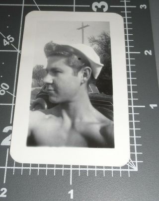 Handsome Shirtless College Man W/ Sailor Hat & Perfect Hair Selfie Vintage Photo