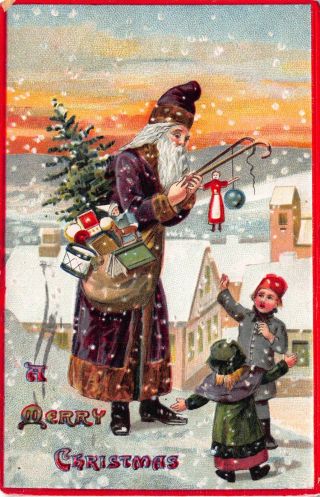 Christmas Postcard Purple Suited Santa Claus Giving Toys To Children 118245