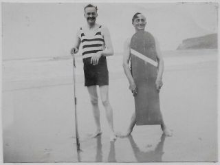 Old Photo Men Wearing Swimsuits One With Surfboard Trebarwith Strand Uk 1930s