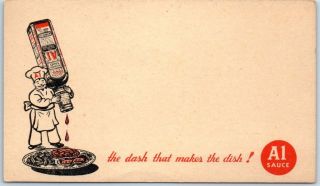 Vintage A1 Steak Sauce Advertising Postcard " The Dash That Makes The Dish " 1930s