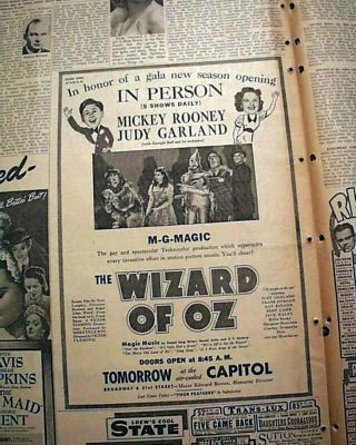 The Wizard Of Oz Judy Garland Opeing Day Premiere Advertisement 1939 Newspaper