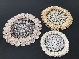 Set Of 3 Vintage Hand Crochet Ecru Round Doilies With Ruffled Edges