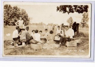 Real Photo Postcard Rppc People At Picnic Sitting On Edelweiss Beer Box Chicago