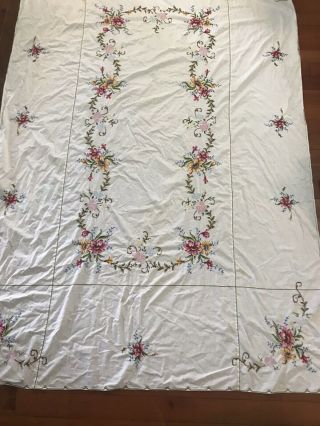 Vintage Tablecloth & 6 Napkins Set Floral Embroidered Cut Work Ecru 94 X 64”