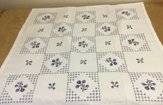 Vintage Small Tablecloth,  Square,  Cotton,  Cross Stitch Embroidery,  White,  Navy