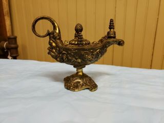 Antique Aladdin Genie Brass Miniature Oil Lamp Ornate Lion Face