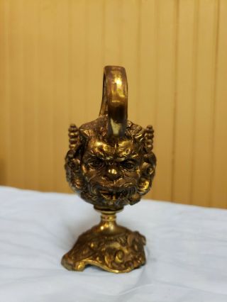 Antique Aladdin Genie Brass Miniature Oil Lamp Ornate Lion Face 2
