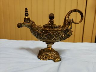 Antique Aladdin Genie Brass Miniature Oil Lamp Ornate Lion Face 3