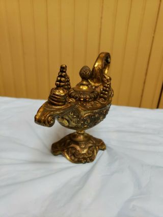 Antique Aladdin Genie Brass Miniature Oil Lamp Ornate Lion Face 4