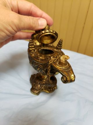 Antique Aladdin Genie Brass Miniature Oil Lamp Ornate Lion Face 5