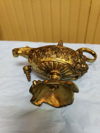 Antique Aladdin Genie Brass Miniature Oil Lamp Ornate Lion Face 6