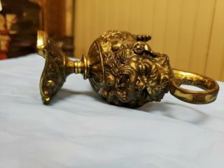 Antique Aladdin Genie Brass Miniature Oil Lamp Ornate Lion Face 7