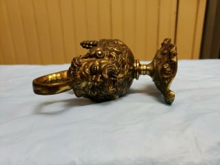 Antique Aladdin Genie Brass Miniature Oil Lamp Ornate Lion Face 8
