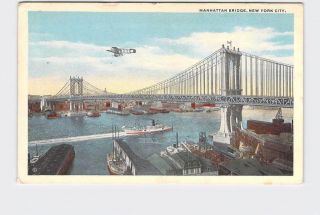 Antique Postcard York City Manhattan Bridge Biplane Boat On Water