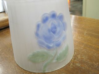 VINTAGE 1910 - 1920 ' s ART GLASS REVERSE PAINTED SHADE WITH TWO BLUE FLOWERS 2
