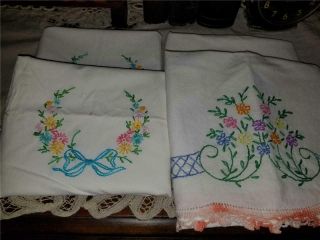2 Pairs Vintage Hand Embroidered Crocheted Edge Standard Pillow Cases Flowers